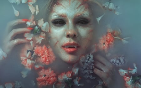 Mermaid - face, flower, pink, sirena, water, model, girl, fantasy, mermaid, orange, vampire, woman