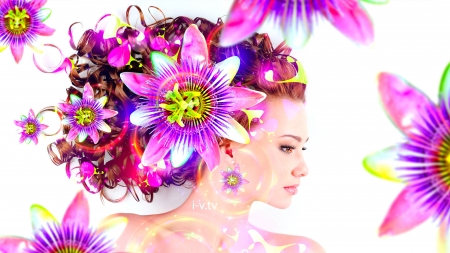 Beauty - abstract, summer, passiflora, tony kokhan, girl, creative, fantasy, woman, model, passion flower