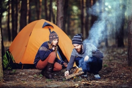 Camping In The Fall - Trees, Tent, Female, People, Fall, Man, Models, Hats