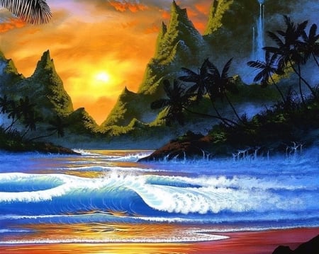 Tropical Romance - summer, attractions in dreams, paintings, beaches, sea, nature, tropical, palm trees, waves, paradise, love four seasons