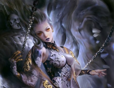 Fantasy girl - chain, game, legend of the cryptids, girl, blue, art, fantasy, vampire, luminos