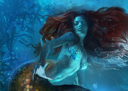 Mermaid - water, summer, blue, girl, sea, fantasy, redhead, mermaid, underwater, art, luminos