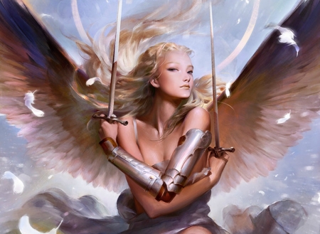 Angel - angel, girl, wings, fantasy, armor, ather, mingzhu yang, art, game, luminos, legend of the cryptids, feather