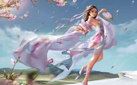 Fantasy girl - dancer, girl, frumusete, asian, fantasy, wind, art, game, pink, luminos, blue, petals, flower