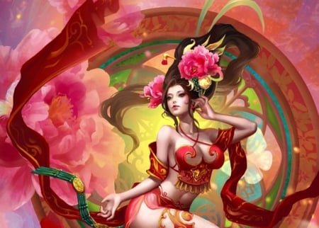 Fantasy girl - sakura, blossom, cherry, flower, pink, frumusete, fantasy, red, asian, luminos