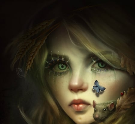 Fairy - girl, mouse, fantasy, evniki, butterfly, fairy, cute, face, luminos