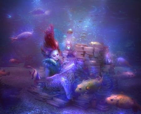 A fishy bedtime story - water, summer, thegirlcansmile, blue, girl, pink, fantasy, redhead, purple, mermaid, fish, luminos