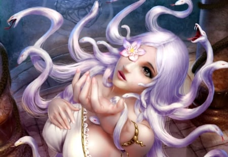 Medusa - fantasy, medusa, white, snake, girl, flower, luminos