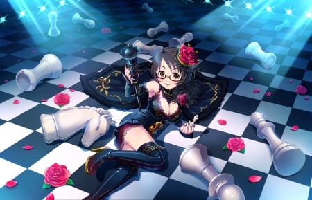 Asano Fuuka - asano fuuka, game, anime, blue, girl, tagme, petals, pink, black, manga, idolmaster, white, chess, rose