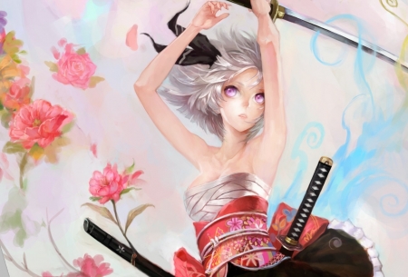 Samurai - girl, samurai, touhou, pink, katana, blue, luminos, anime, sword, flower, manga