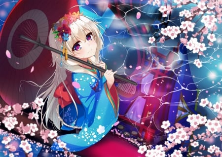 Girl - parasol, girl, cherry blossom, sakura, tagme, blue, umbrella, pink, anime, manga, flower