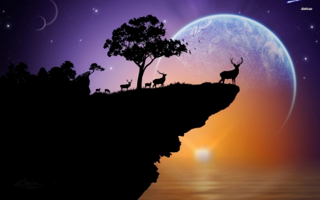 deer herd on a cliff - cliff, moon, herd, deer