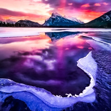 Purple sky reflections - Purple, ice, ocean, mountain, Sky