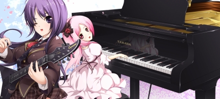 Musical Partnership - White Dress, Piano, Flowers, Guitar, Red Eyes, Pink Hair, Anime Girl, Smile, Petals, Anime, Purple Eyes, Long Hair, Purple Hair, Big Eyes