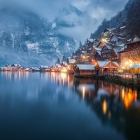 Foggy Lake Evening in Hallstatt, Austria