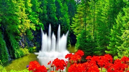 Fountain on Green Forest - flowers, trees, nature, fountain, green, lake, forest