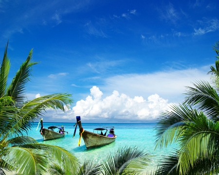 Tropical Island - sky, scenery, boats, sea