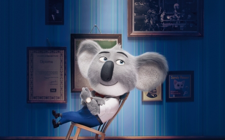 Sing (2016) - animation, buster moon, poster, blue, bear, koala, grey, white, animal, movie, sing