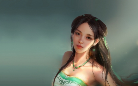 Princess - beauty, jewel, frumusete, art, fantasy, princess, asian, luminos, green