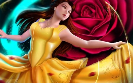 Belle - indymbras, yellow, dress, girl, fantasy, beauty and the beast, red, fanart, rose, disney, art, luminos