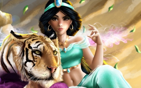 Jasmine and Rajah - princess, indymbras, girl, jasmine, fantasy, fanart, art, luminos, green, disney, tiger