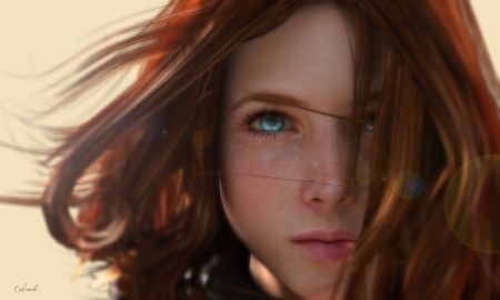 Lee McCall - game, conlaodh, eye, beauty, frumusete, fantasy, redhead, freckles, rendering, luminos, gril