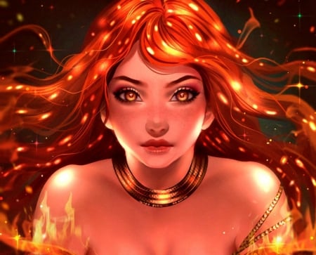 The Sun - red, solar system, glow, girl, numyumy, art, fantasy, orange, glitter, luminos