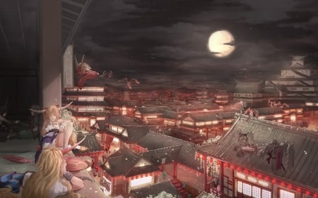 Moonlight - moon, anime, girl, city, night, orange, moonlight, manga, roof, red, asian, luminos, luna, demon, nagi