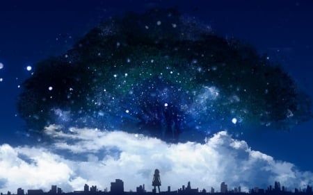 The tree of stars - stars, sky, silhouette, yoshimo yoshiki, white, yy, cloud, blue, luminos, anime, manga