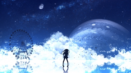 Here I am - anime, qaws, blue, girl, black, manga, white, cloud, yoshimo yoshiki, sky