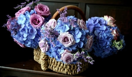 Hydrangea and roses - basket, blue, rose, flower, hydrangea, bouquet, pink