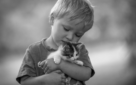 Cuties - paw, cat, bw, child, copil, black, pisica, kitten, white, boy, animal, cute