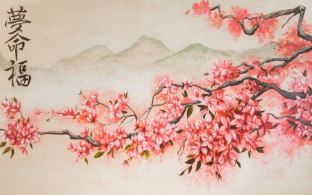 Sakura - branch, cherry blossom, chinese, spring, pink, pictura, painting, art, asian