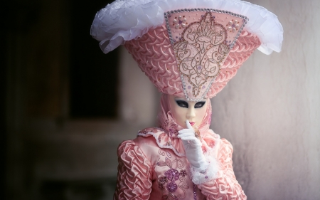 Venice Carnival - white, woman, venice carnival, mask, hand, pink