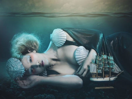 Mermaid - woman, rebecca saray, girl, summer, underwater, model, white, ship, blue, mermaid, shell