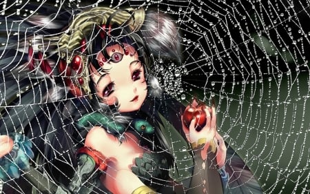 Spider girl - apple, red, anime, girl, manga, frruit, spider, hand, web