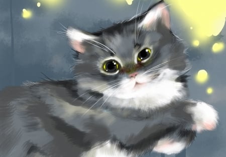 Kitten - cat, kitten, white, painting, art, grey, animal, pictura, cute