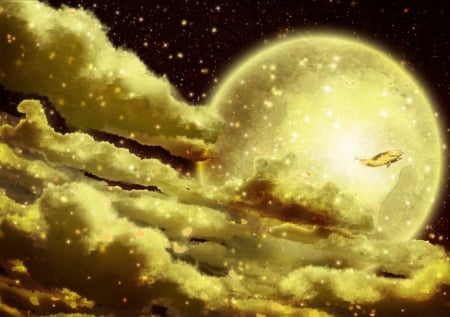 Moonlight - moon, yellow, stars, fantasy, cloud, fish, luminos, sky, luna