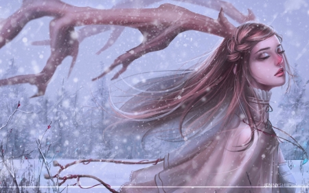 Red nose - craciun, girl, winter, fantasy, horns, christmas, red nose, pink, blue, luminos, jennyshiii