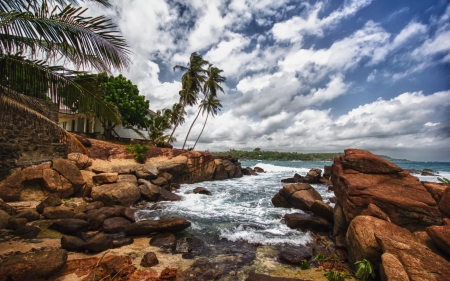 Sri Lankan Beach - nature, ocean, beach, trees, clouds, sea, coast, rocks