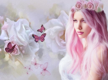 Soft World - woman, women, female, wreath, model, gorgeous, pretty, breathtaking, pastels, artistic, butterflies, feminine, girl, soft, stunning, lovely, creative, floral, beautiful, flowers, floral wreath