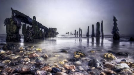 beach structures - fun, sunset, nature, beach, ocean, cool