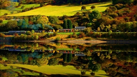 Reflecting Green Nature - railway, autumn, station, lake, hills, trees, road, nature, fall, reflection, green, sunny, grass