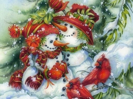 Merry Christmas! - snowman, craciun, hat, couple, winter, christmas, painting, white, art, red, pictura, green, cute