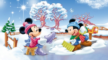 Winter day - mickey mouse, animation, minnie, winter, movie, snow, disney, tree