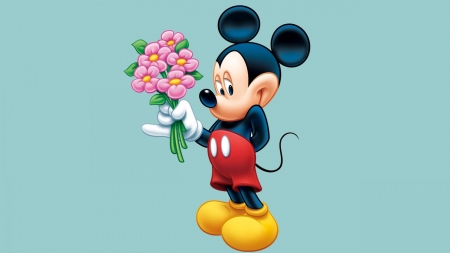 Romantic Mickey - mickey mouse, valentine, bouquet, romantic, pink, re, blue, disney, flower