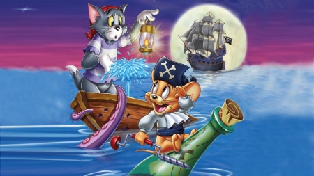 Tom and Jerry - moon, pirates, movie, tom, summer, funny, animation, ship, jerry, sea, boat