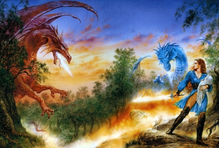 Dragons - red, fantasy, luis royo, dragon, girl, blue, art