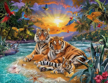 Tigers - water, summer, sunset, fantasy, bird, tige, art, parrot, luminos, jungle, family, animal