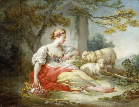 Shepherdess - sheep, painting, arrt, shepherdess, jean honore fragonard, luminos, pictura